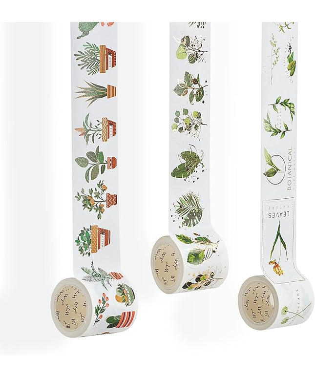 WT Green Oasis Washi Sticker Set, 3 Rolls, Original Designs, Pastel Decorative, Plants Sticker, Gold Foil, Bujo Planner Supplies, DIY Paper Stickers