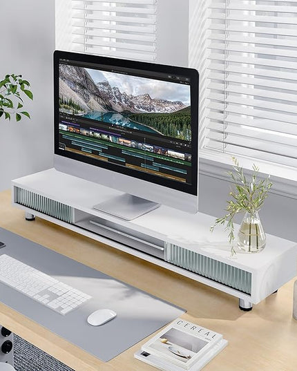 Fenge Dual Monitor Stand, 42.5inch Long Monitor Stands Riser for 2 Monitors, Sliding Door with Storage Organizer Stand for Desk, 2 Tier Desk Shelf for Laptop, Pc, Printer, Computer, TV