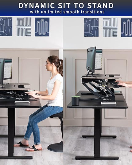 VIVO 36 inch Height Adjustable Stand Up Desk Converter, V Series, Quick Sit to Stand Tabletop Dual Monitor Riser Workstation, Gray Top, Black Frame, DESK-V000VG