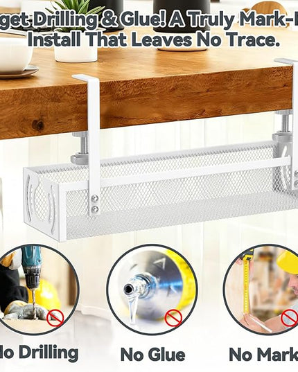 Cable Management, 15'' Under Desk Cable Management Tray No Drill, Metal Cable Organizer with Clamp for Wire Management, Cord Organizer for Home Office, Desk Accessories Organizer, White
