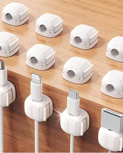 12Pack Cord Organizer, Chfeila Compact Dual Spring & Clasp Lock Cable Management Clips, Adhesive Phone Charger Keeper, Wire Holder for Nightstand/Car, Home Office Desk Accessories Decor Essentials