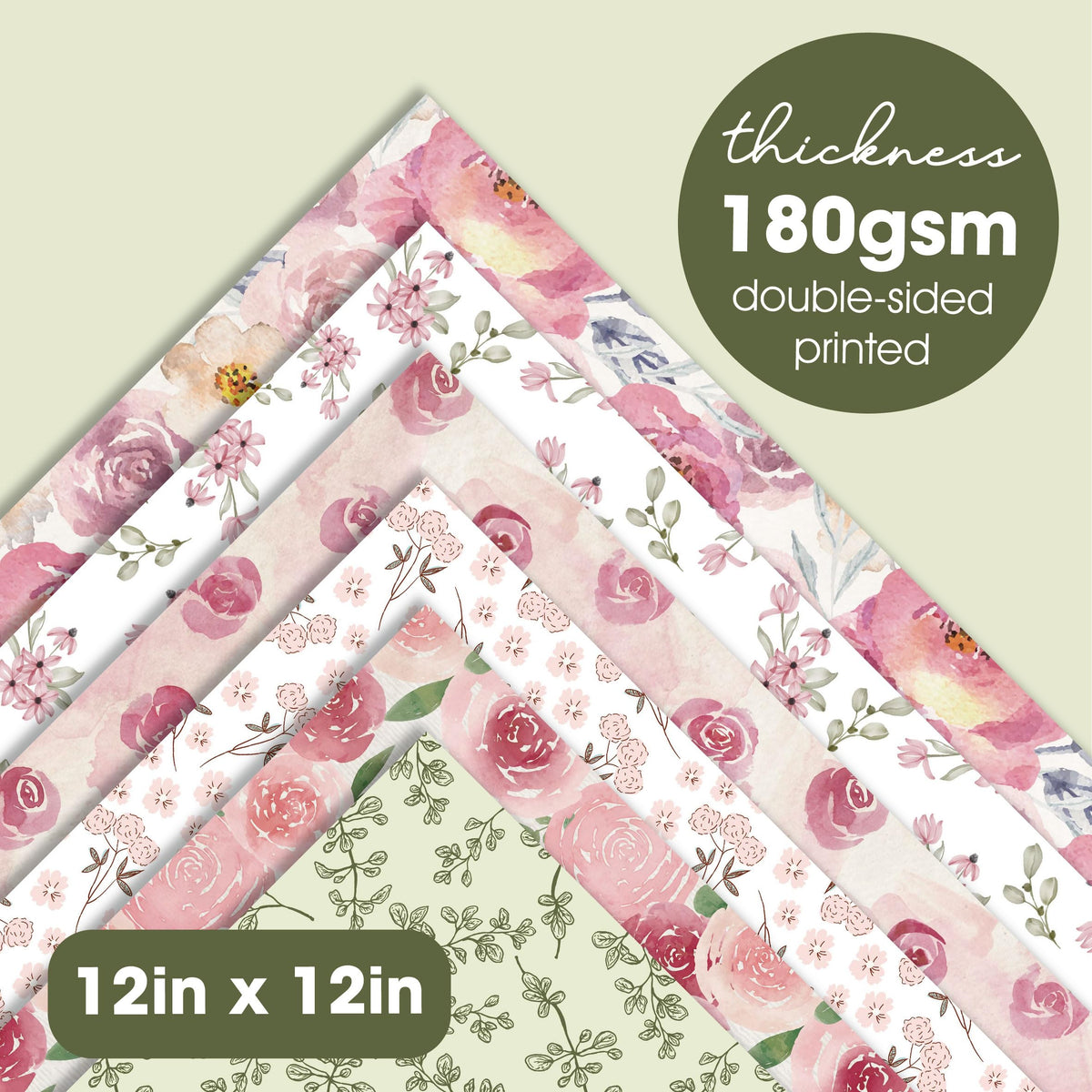Desecraft Spring Vintage 12x12 Double Sided Paper Pad - 36 Sheets 180GSM Cardstock, 12 Designs Pastel Pink Green Floral Scrapbook Paper for Card Making, Wedding, Scrapbooking Supplies