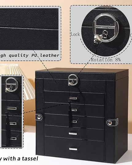 BOOVO Jewelry Box For women, 6 Layer Large Jewelry Organizer With Mirror, Multi-Function Storage Box With Lock, Accessory Holder With 5 Drawers, For Earrings Necklace Ring Bracelet (Black)