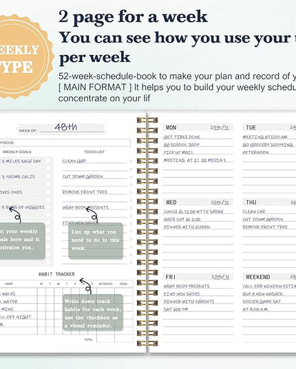 Undated Weekly Planner - Weekly Goals Notebook, A5 To Do List Planner, Habit Tracker Journal with Spiral Binding Floral Cover