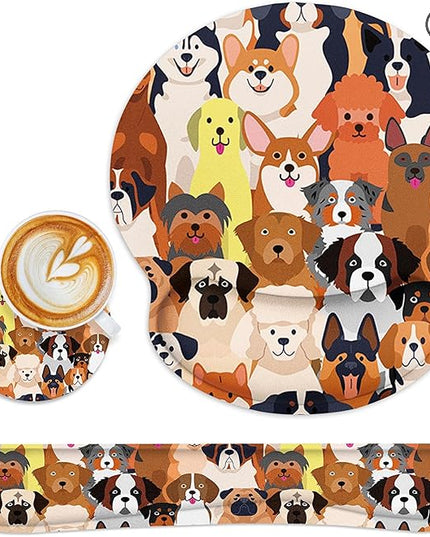 Britimes Ergonomic Mouse Pad Set with Wrist Rest Colorful Doodle Dogs Non-Slip Rubber Base Wrist Cushion Support and Coasters Mousepad with Wrist Support for Computer Keyboard and Desk