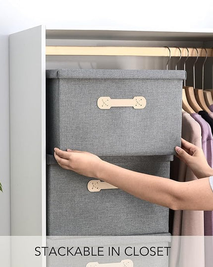 Enzk&Unity Decorative Storage Boxes with Lids, 3 Pack Grey Fabric Storage Bins with Handle, Foldbale and Stackable Storage Boxes for Shelf, Closet, Bedroom, Living Room
