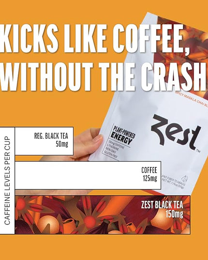 Zest 150mg High Caffeine Energy Leaf Blend - Spicy Masala Chai Black Tea - 20 Pack Bag - All Natural Strong Flavored Healthy Coffee Alternative Highly Caffeinated Substitute - Perfect for Keto Diet