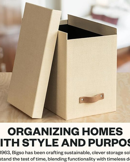Bigso John File Box - File Storage Box and File Organizer for Important Paperwork - Durable Hanging File Box with Lid and Leather Handle - 7.36 in x 13.26 in x 10.51 in - Cream