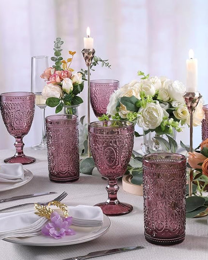 Purple Drinking Glasses Set of 4, Vintage Drinking Glasses, Colored Glassware Drinking, Highball Beverage Glasses Cup, Vintage Glassware Set for Water, Juice, Cocktail, Coffee