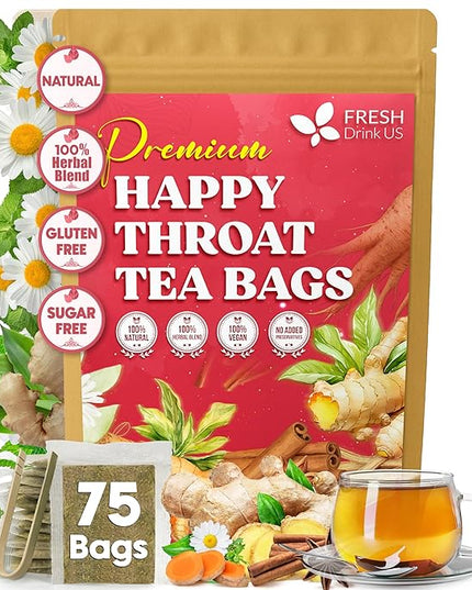 Premium Happy Throat Herbal Tea – 75 Bags Of Supper Tea Blend: Marshmallow Root, Slippery Elm & Ginger – Dry & Sore Throat Relief – Caffeine-Free, No Honey, No Citrus – No Sugar