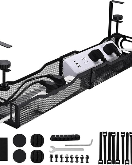 Under Desk Cable Management Box 25.3 Inch – Clamp-Mounted Cable Organizer Tray, Large Cord Management Box for Office & Home, Wire Organizer Under Desk Storage, Black