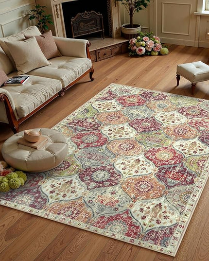 Lahome Moroccan Machine Washable Rugs for Living Room, 4x6 Rug for Bedroom Non-Slip Vintage Trellis Ultra-Thin Throw Carpet for Dining Room Office Nursery, Orange/Terracotta