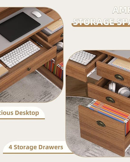 4 EVER WINNER Wooden Desk with Drawers, Small Desk with Monitor Stand and File Drawe, Writing Desk with Drawers for Bedroom Small Spaces, Walnut