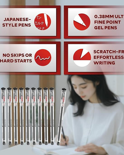 XFasten Extra Fine Point Pens 0.38mm 24-Pack Japanese-Style Fine Tip Gel Ink Ballpoint Pen Black, Smooth Ink Flow, Smudge-Free, Quick-Drying, No Smear for Journaling, Note-Taking, Office, and School
