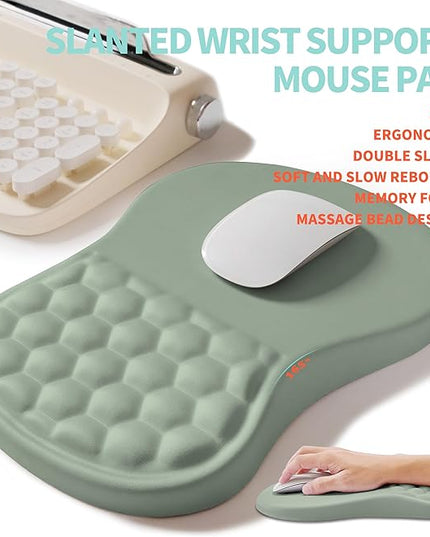 2-in-1 Ergonomic Set, Wave Rise Keyboard Wrist Rest and Massage Bulge Slope Mouse Pad Wrist Support, Cushion Memory Foam Integrated to Relieve Wrist Pain, Light Green