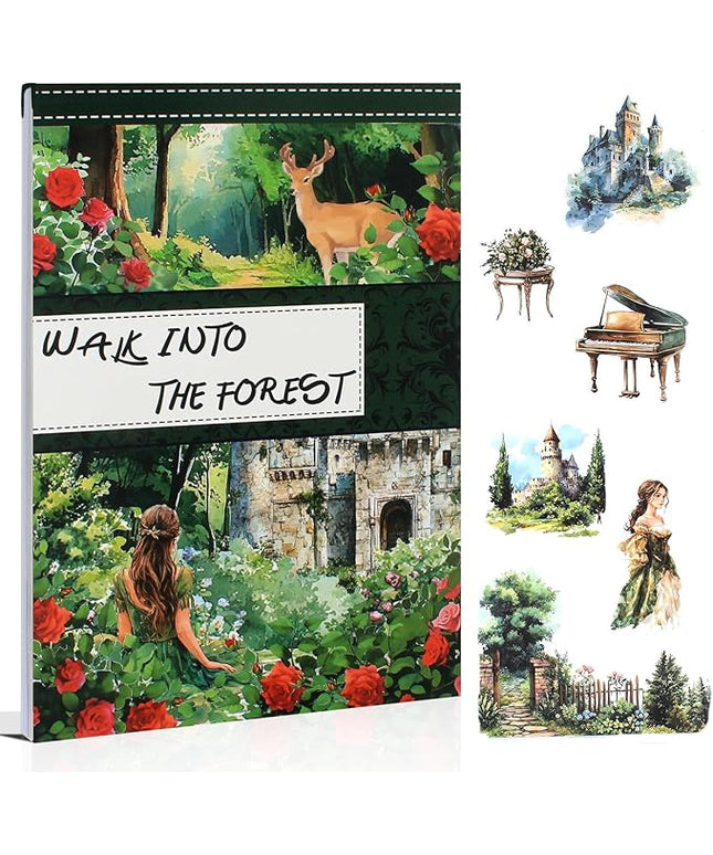 Dwpetzo Forest Woodland Castle Scenery Sticker Book for Journaling, 20 Sheets Precut PET Washi Materials Ephemera Stickers for Junk Journal Supplies, Scrapbooking, DIY Crafts Arts