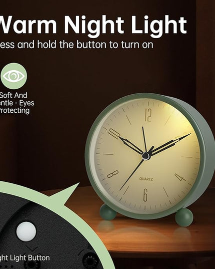 Analog Alarm Clock, 4 inch Super Silent Non Ticking Small Clock with Night Light, Battery Operated, Simple Design, Old Fashioned Style Ideal Decor, for Bedroom, Bedside, Desk, Adult, Kid, Gift, Green