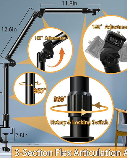 Overhead Camera Mount Desk Stand, Bearing 18lb, Base& Top 360° Adjustable, with 1/4“ 3/8" 5/8" Screw, 3-Section Flexible Articulating Metal Arm for DSLR Camera/Webcam