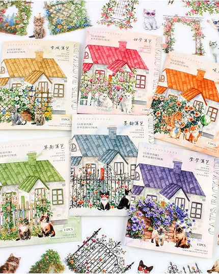 Dwpetzo 90Pcs Unique Transparent PET Stickers for Journaling, Garden Fence with Cat Landscape Stickers for Scrapbooking, Junk Journal Supplies, Collage, Planner
