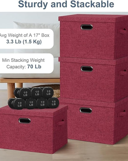 Large 17" 36 Quart Collapsible Stackable Storage Bins with Lids, 3 Packs Bright Red Linen Fabric Closet Boxes with Lids, Storage Cube Baskets Container Organizers for Office (17x12x11)