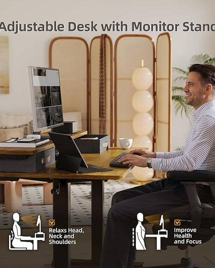 Seang Electric Standing Desk with 2 Drawers, Adjustable Standing Desk with Storage Shelf, Height Adjustable Stand up Desk for Home Office with 3 Presets & 2 Hooks,48 Inch, Rustic Brown