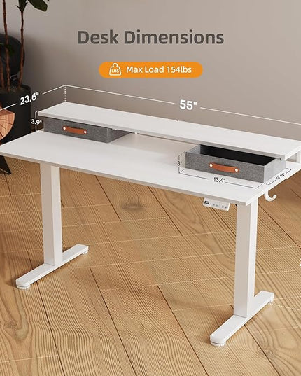 Claiks Electric Standing Desk with 2 Drawers, Adjustable Standing Desks with Storage, Height Adjustable Stand up Desk for Home Office with 2 Hooks,55 Inch White