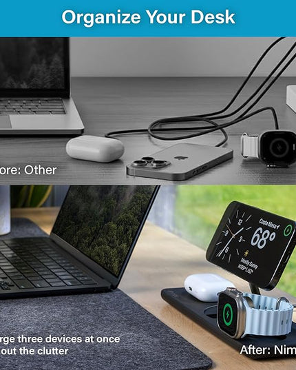 Nimble Podium 3-in-1 Wireless Charging Station for Apple, Qi2-Certified 15W Magsafe Charger Stand, Wireless Charger for iPhone 17 16 15 14 13 - Apple Watch - Airpods Series (Charger & USB-C Included)