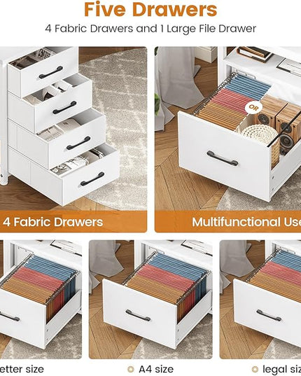 SEDETA White Computer Desk with 5 Drawer & Power Outlet, 75'' Home Office Desk with File Drawer, Storage Shelves, Printer Cabinet and Monitor Shelf, Gaming Desk with Led Lights, 23.6" W Desktop