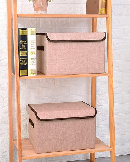 Linen Fabric Foldable Storage Cube Bin Organizer Basket with Flip-Top Lid & Handles, Large Clothes Blanket Box for Home, Office, Closet, Pink, 4 Pack 14.6 x 9.5 x 9.5”