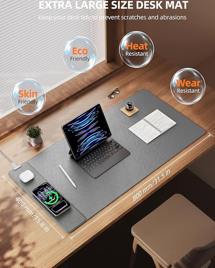TopMade Mouse Pad with 15W Wireless Charging, XXL Large Leather Desk Mat, Waterproof Gaming Mousepad Home Office Desk Pad Protector, Computer Keyboard Pad, Mouse Mat for MacBook, PC, Laptop, Gray