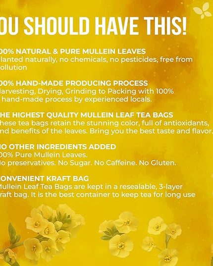 FreshDrinkUS, Premium 15 Mullein Leaf Tea Bags For Lung, 100% Natural & Pure from Mullein Leaves. Loose Leaf Mullein Herbal Tea. Made with Natural Material Tea Bags. No Sugar, No Caffeine, No Gluten, Vegan.