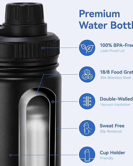 DOMICARE 16 oz Kids Water Bottle for School Stainless Steel Double Wall Vacuum Insulated Water Bottle with Straw lids & Spout Lid, Leakproof BPA Free （Black,4）