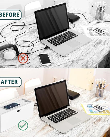 Bamboo Cable Management Box, Large Cord Organizer Box Cable Box to Hide Wires & Power Strips for Desktop Storage Cord Holder for Office Home,No Assembley Required (All White, 2 Packs(M+L))