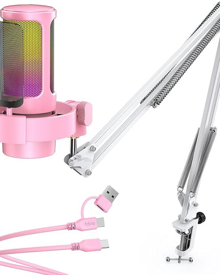FIFINE USB Streaming Microphone with Boom Arm, Gaming Mic Kit for PC PS4/PS5, Podcast Microphone for Podcast with RGB Control, Mute Button, Gain Knob, Headphones Jack, Pop Filter-A8T Pink