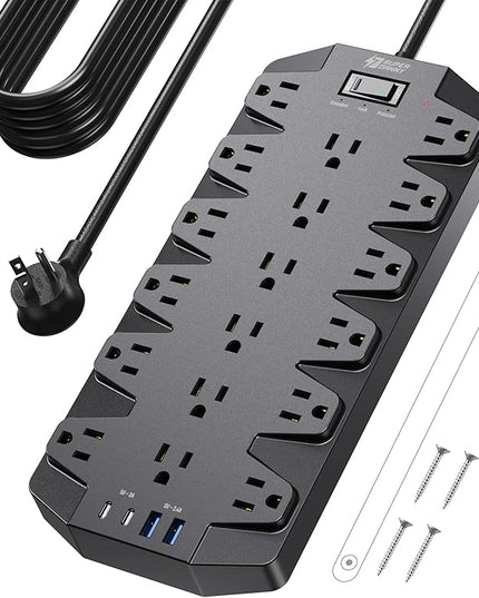18 Widely Outlets Power Strip, SUPERDANNY Surge Protector with 4 USB Ports, 15FT Flat Plug Heavy Duty Extension Cord, 2100J, 1875W/15A, Wall Mount Holes for Home, Office, Dorm, Black