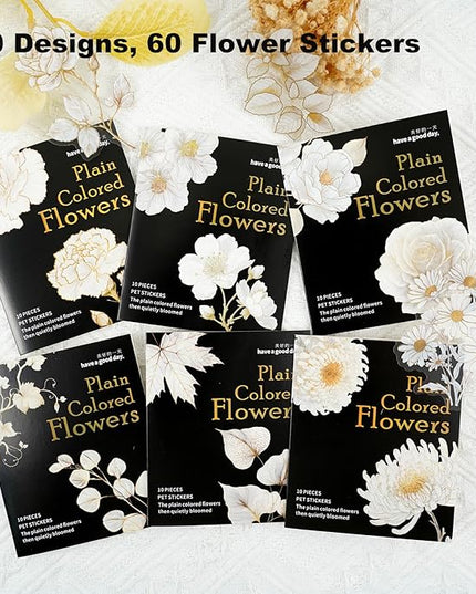 AuriicLeaf Floral PET Stickers – 60 Foil-Stamped Self-Adhesive Flower Designs Waterproof Transparent Stickers for Scrapbooking Journaling DIY Crafts and Decoration