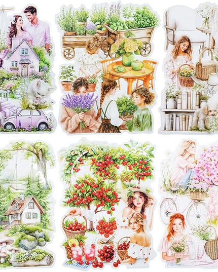 AuriicLeaf Garden Girl Sticker Set, 120PCS PET Vintage Nature Stickers for Journaling, Scrapbooking, Planner Supplies and DIY Crafts