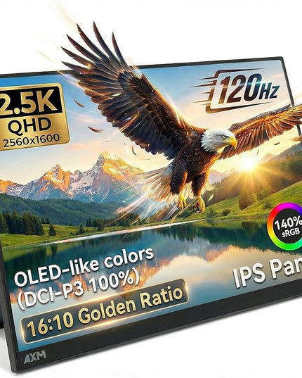 AXM 16" 2.5K Portable Monitor 2.5k QHD IPS 120Hz Adaptive Sync HDR Flicker-Free 400 Nits 100% DCI-P3 USB-C HDMI Gaming & Travel for Laptop Compatible with Windows, MacBook, Phone, Switch, Xbox PS4/5