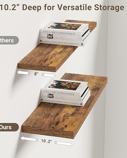 Vivelove 10 Inch Deep Floating Shelves 24 inch Long, 24 x 10 Wide Wall Shelves with Invisible Brackets, for Bedroom Bathroom Living Room Kitchen Office, Farmhouse Home Decor, Set of 2, Rustic Brown
