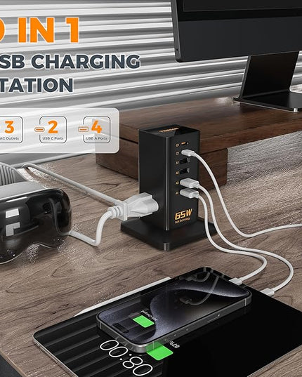 USB Charging Station for Multiple Devices PD 65W, TESSAN 9-in-1 USB C Charger Block for iPhone 17/16/15, MacBook, Tablet, Type C Desktop Charger with 3 AC, Home Travel Office Accessories