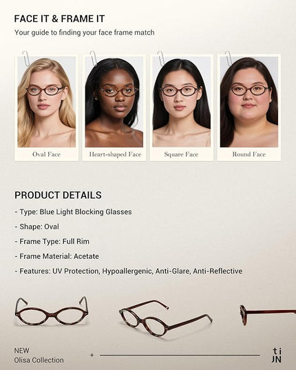 TIJN Olisa Blue Light Blocking Glasses for Women Men,Oval Glasses Frame Bluelight Glasses for Gaming/Computer/Screen
