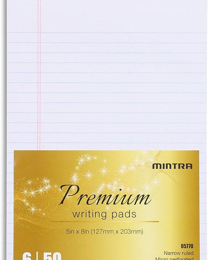 Mintra Office Legal Pads - ((PREMIUM WHITE 6pk, 5in x 8in, NARROW RULED))