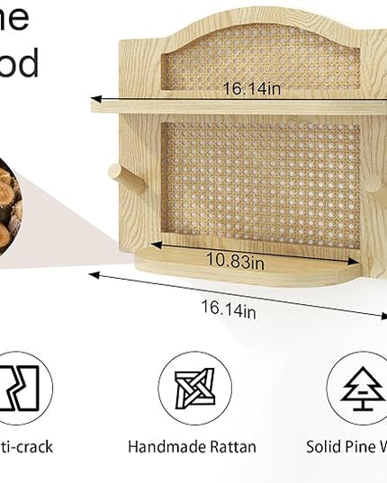 Rattan Wall Shelf Set of 2, Boho Natural Wicker Shelf for Wall with Wood Hook, Nursery Floating Shelves Wall Mounted Rustic Farmhouse Floating Shelf for Decor Storage