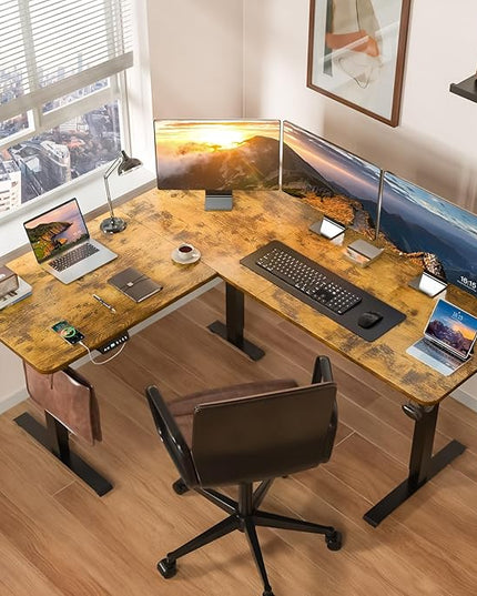 63 x 55 inch L Shaped Standing Desk, Corner Computer Desk, Electric Adjustable Height Stand Up Table, L Sit Stand Desk for Home Office Gaming, Rustic Brown