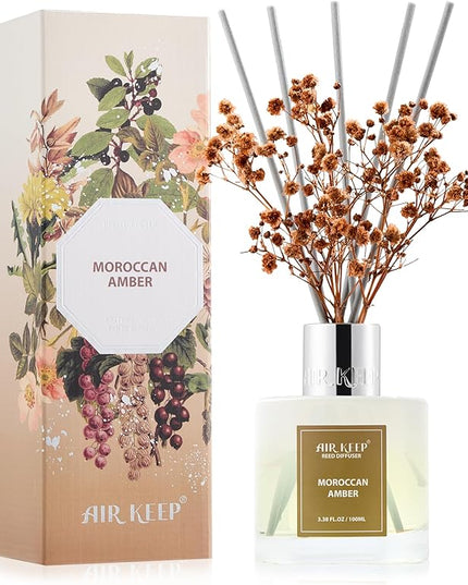 Airkeep Reed Diffuser Set,3.38 fl oz (100 ml) - Moroccan Amber Oil Diffusers with 8 Reed Sticks, Home Fragrance Reed Diffuser for Bathroom Shelf Decor