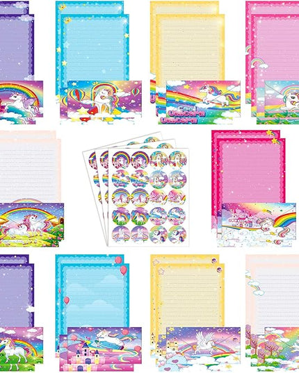 TaoBary 160 Pcs Stationery Paper Set 50 Double Sided Stationery Papers with 50 Matching Envelopes and 60 Round Dot Sticker, 10 Design(Unicorn,8.5 x 11 Inch)