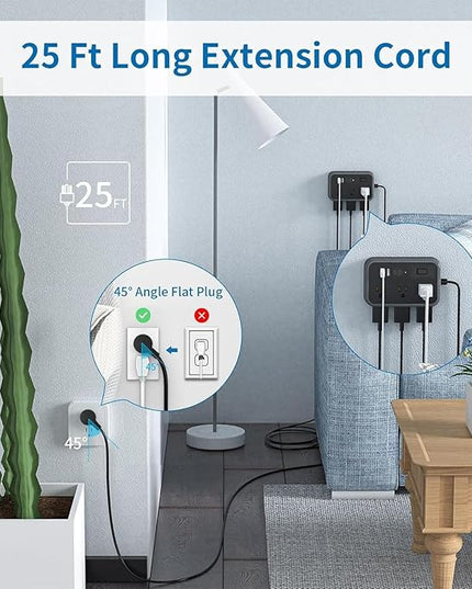 Extension Cord 25 Ft NTONPOWER Long Extension Cord with 6 Widely Spaced Outlet, Power Strip with 4 USB Port(2 USB-C), Wall Mount for Home Office, Dorm Room and Nightstand, Black