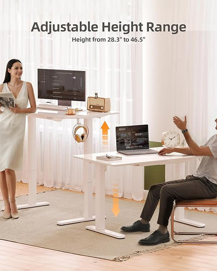 INNOVAR Glass Standing Desk with Drawers, 48×24 Inch Adjustable Stand Up Desk Quick Install Home Office Computer Desk, White