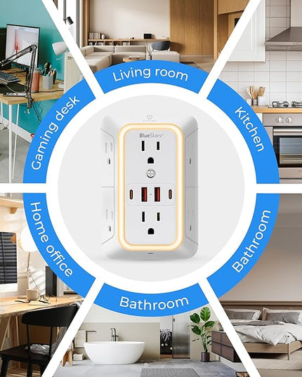 Wall Mount Power Strips Wall Charger 6 Outlet Extender 4 USB Ports (5V, 2.4A, 12W) and Night Light 3-Sided Power Strip with Adapter Spaced Outlets - Multi Plug Outlet Surge Protector for Home Office