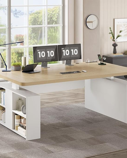 SEDETA 63" Executive Standing Desk with Storage, Executive Height Adjustable Desk with Power Outlets, Large Computer Office Desk with Privacy Panel for Home Office, Natural Oak